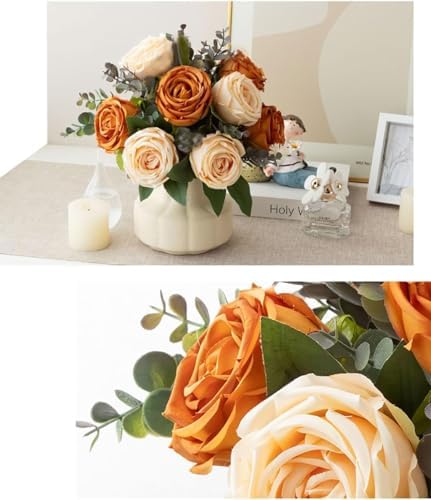 Silk Roses Artificial Flowers in Vase,Fake Flowers with Vase,Faux Flower Arrangement with Vase for Home Office Decoration, Dining Table Centerpiece - Image 3