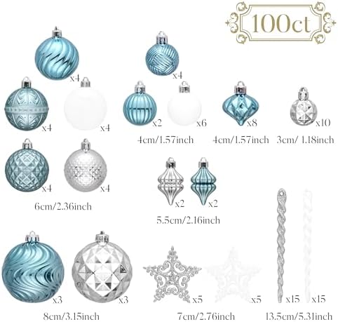 Valery Madelyn 100ct Christmas Tree Decorations Ball Ornament Set, Light Blue Silver Shatterproof Hanging Ornaments Bulk for Xmas Holiday Party Decor - Image 3