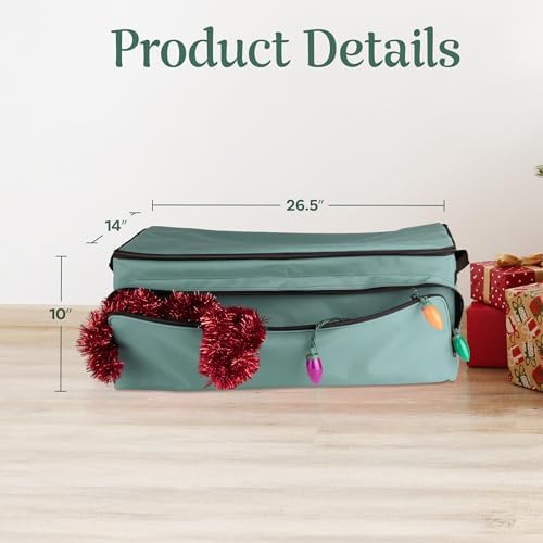 Christmas Ornament Storage Box - Christmas Ornament Organizer Storage Box with 3 Trays, Adjustable Grids, and Large Front Zipper Pocket - Fits up to 72 Bulbs and Decorations by Elf Stor (Green) - Image 6
