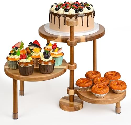 GEHE 3 Tier Round Cupcake Stand, 360° Rotatable Acacia Wood Cake Stand Cupcake Tower, Rustic Wooden Tiered Dessert Table Display Set, Tiered Tray Stands for Birthday, Wedding Party (12-10-8 IN) by GEHE