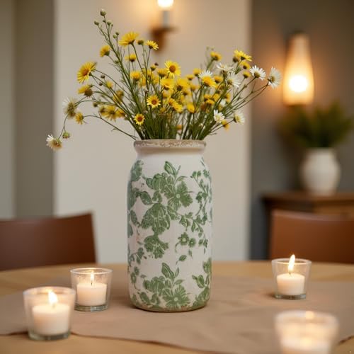 Vintage Green Floral Ceramic Vase, 8 Inch Crackle Glaze Rustic Handmade Vase, Decorative Pottery for Fresh or Dried Flowers, Farmhouse Cottage Modern Rustic Decor - Image 4
