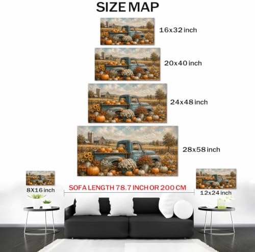 WAXWHELK Truck Fall Canvas Wall Art, Rustic Farmhouse Painting Pictures Autumn Thanksgiving Artwork, Vintage Blue Farm Fresh Truck Pumpkins and Flowers Home Decor for Living Room (12"x24") - Image 5