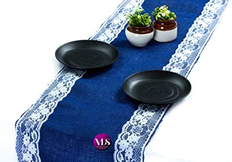 VDS Pack of 10, Burlap Table Runner with White Lace Edge, 100% Natural Jute Rustic Hessian Table Cloth Centerpiece for Wedding Birthday Party Banquet Table Decoration (Size 12X108 Inch)(Royal Blue) by VDS