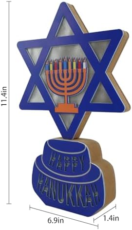 Krissing 12" Hanukkah Wooden Signs with Lights Battery Operated Happy Hanukkah Menorah with Blue Lights Star of David Hanukkah Lighted Signs for Hanukkah Table Mantel Jewish Holiday Decorations - Image 5