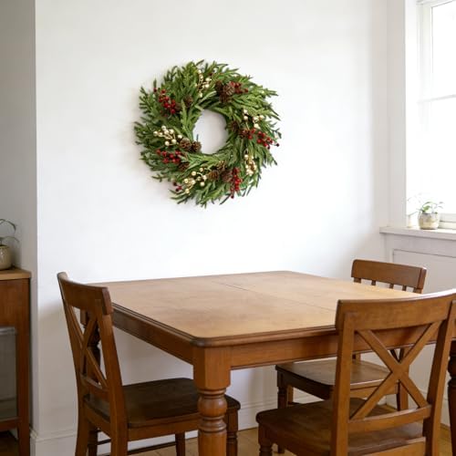 26" Norfolk Pine Wreath, Large Greenery Wreath for Front Door, Green Year Round Real Touch Artificial Greenery Wreath for Wall Porch Rustic Farmhouse Home Decor, with Lights, Red Bow, FF10 - Image 5