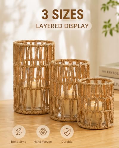 Baluue Rattan Hurricane Candle Holders Set of 3 Wicker Boho Lanterns - Image 4