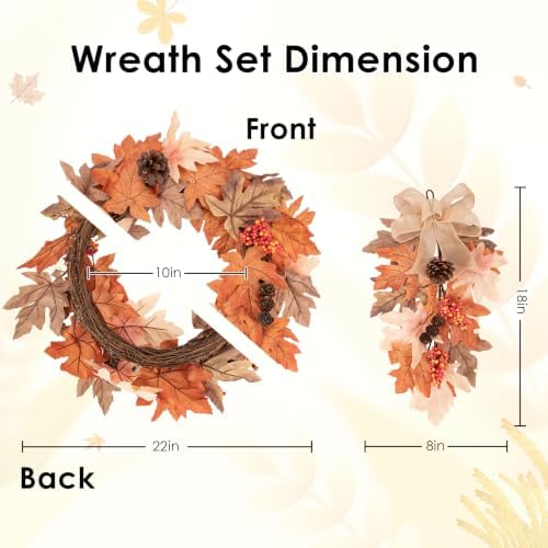 Fall Teardrop Swag Wreath, 3 Pack, 22" Artificial Autumn - Image 2