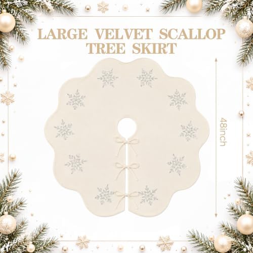Hollowfly Creamy White Velvet Christmas Tree Skirt, Sequin Snowflake 48'' - Image 2