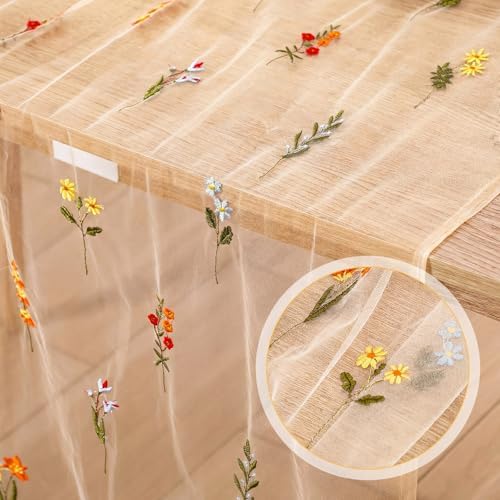 Boao 3 Pcs Wildflower Table Runner Embroidery Tulle Spring Summer Table Runner 120 Inch 10 ft Kitchen Dining Decoration for Wedding Baby Shower Bridal Shower Home Decor Birthday Party (Champagne) - Image 3