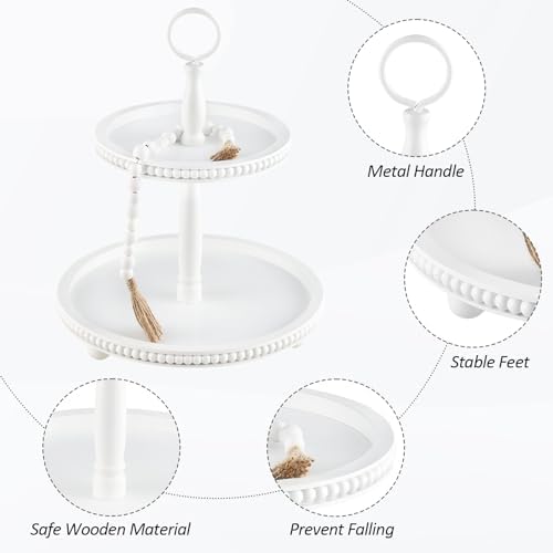 Beaded Tiered Tray Stand, Rustic Wooden 2 Tier Decorative Tray with Bead Garland, Farmhouse Round Wood Serving Tray Counter Centerpiece for Coffee Bar Home Decor Holiday Housewarming Gifts (White) - Image 4