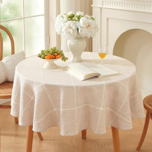Zobesta Linen Table Cloth Round 70 Inch Plaid Browm Round Tablecloth 70 in by ZOBESTATABLECLOTH