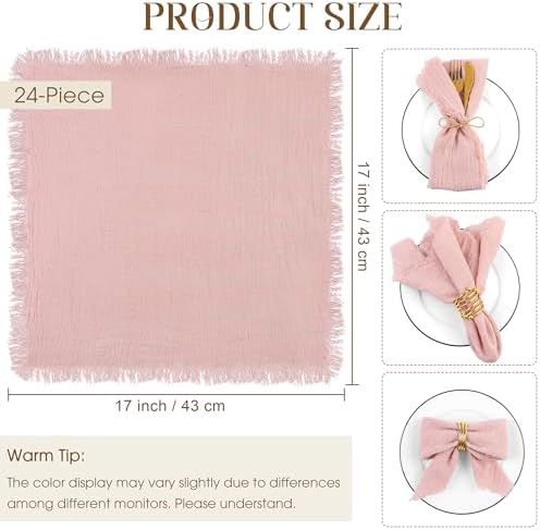 TURSTIN 24 Pieces Cotton Linen Cloth Napkin Handmade Cloth Napkin with Fringe 17 x 17 Inch Soft Cloth Dinner Wedding Napkin Square Rustic Fringe Table Napkin for Dinners, Parties, Weddings, Dusty Pink - Image 2