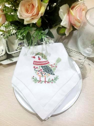 Embroidered Cloth Napkin Bird Christmas Cotton Napkins Set of 6, 20 x 20 Hemstitch Table Napkins, Machine Washable, for Daily & Holiday Dining, Great Gift Ideas - Image 6