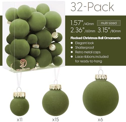Sea Team 32-Pack Flocked Velvet Christmas Ball Ornaments, Olive Green - Image 3