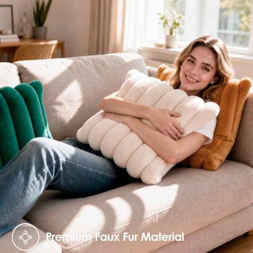 Faux Fur Decorative Throw Pillow Covers 20x20 Set of 2, Beige - Image 2