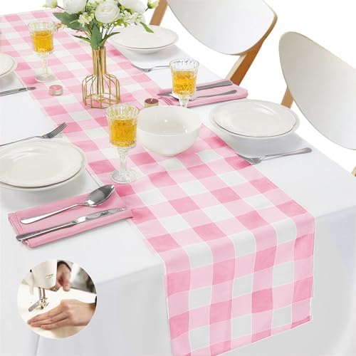 Cupuamon Fabric Checkered Table Runner 12 Pack Waterproof Gingham Table Runner 14W x 108L Buffalo Check Table Runners for Parties Kitchen Dining Wedding Banquet (Pink and White) by Cupuamon