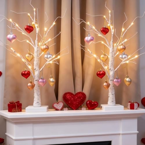 2Pack Valentines Day Decor Lighted Birch Tree with Heart-Shaped Ornaments,USB&Battery Operated Light Up Artificial Tree for Home Indoor Party Valentines Day Decorations (Warm White) by Efunly