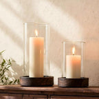 Ronasip Set of 2 Hurricane Candle Holders with Wood Base & Glass Cylinder (4.2x5.9” & 4.6x7.8”) – Rustic Wooden Candle Holders for Home Decor, Weddings, Table Centerpieces (2, Brown) by Unknown