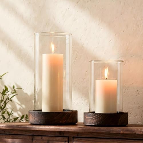 Ronasip Set of 2 Hurricane Candle Holders with Wood Base & Glass Cylinder (4.2x5.9” & 4.6x7.8”) – Rustic Wooden Candle Holders for Home Decor, Weddings, Table Centerpieces (2, Brown) by Unknown