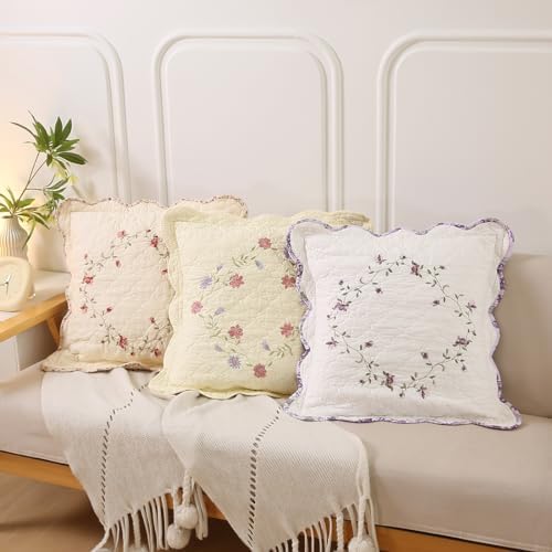 vctops Set of 2 Cotton Quilted Embroidered Decorative Square Throw Pillow Covers with Scalloped Floral Soft Cushion Case for Couch Sofa Bed (Flower D,18"x18") - Image 3