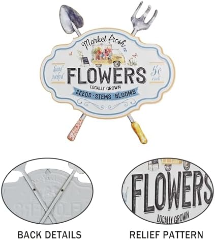 Vintage Metal Garden Sign, Decorative Wall Decor with Shovel & Rake Accents - "Market Fresh Flowers" Rustic Farmhouse Wall Art for Outdoor, Porch, Patio, 18.3" x 17.72" - Image 7