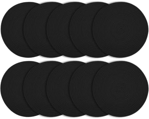 Round Placemats Set of 10, Cotton Woven Tablemats, Hot Pads for Kitchen, Jute Rattan Charger Plates for Dinner, Non Slip Heat Resistant Place Mats, 13.5'' Braided Placemat for Decor (Black Cotton) by Unknown