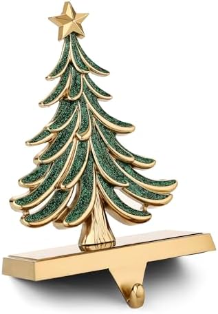 Christmas Stocking Holders for Mantle Glitter Green Xmas Tree Antique Gold Stocking Holder for Fireplace Xmas Stocking Hooks Weighted Hangers Holiday Christmas Decorations Supplies (Antique Tree) - Image 4