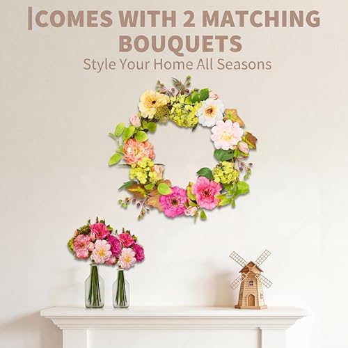 22in Fake Peony and Hydrangea Spring Summer Wreath, Artificial Flower Wreath with 2 Matching Bouquets Set, Front Door Decor for Spring Home Office, Valentine's Day, Mother's Day - Image 4
