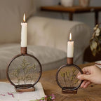 NIKKY HOME Nature Dried Flower Taper Candle Holders Set of 2, Vintage Decorative Metal Candlesticks Round Frame with Glass Centerpieces Decor for Dining Room Table Wedding Party Mantle Fireplace - Image 2