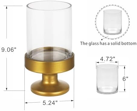 5" Wide Glass Hurricane Candle Holders and Glass Vase with Metal Base in Antique Brass, Handmade and Sturdy Glass, Pillars, Flower Arrangement, Centerpiece, Dining Table, Console Table, Mantel - Image 2