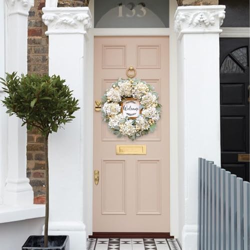 Year Round Wreaths for Front Door 22 Inch, Spring/Summer Wreath with Hydrangeas Lamb's Leaves Berries Welcome Board for Holiday Farmhouse Home Indoor Outdoor Wedding Party Wall Window Decor - Image 5