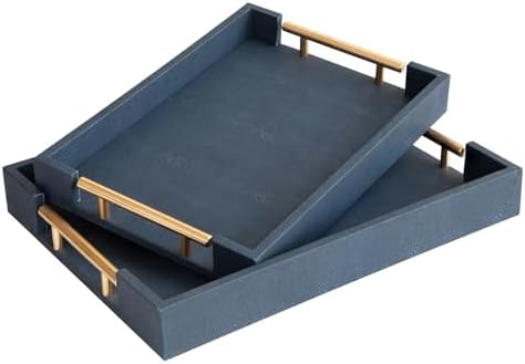 Modern Decorative Tray Set of 2, Blue Shagreen Leather Tray, Rectangle Serving Trays with Gold Polished Metal Handles, Ottoman Trays Coffee Table Perfume Kitchen Home Decor by UPPER+DECOR