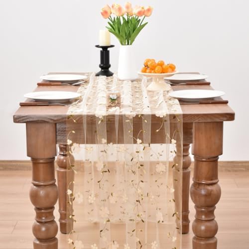 Beige Wildflowers Table Runner Gauze Floral Birthday Party Home Table Decor - Image 3