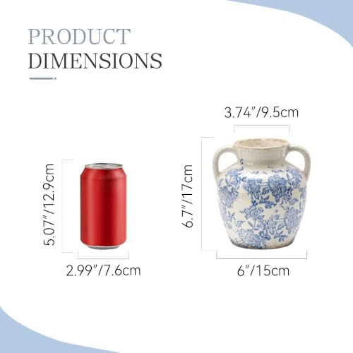 Ceramic Vase with Handles, Vintage Utensil Holder, Flower Decorative Vase Chinoiserie Decor Rustic Farmhouse Retro Floral Vases for Table Bookshelf Mantel Kitchen Living Room Office - 6.7” Blue 018 - Image 2
