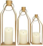 Gold Metal Candle Lanterns Set of 3, Tall Decorative Pillar Candle Holders for Indoor Outdoor Farmhouse Home Decor for Table Centerpiece, Porch, Fireplace, Weddings, Christmas (No Glass, No Candles) by Degruand