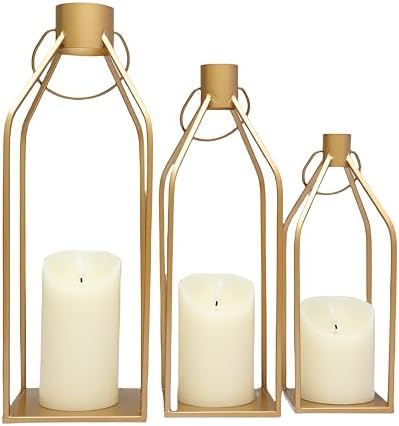 Gold Metal Candle Lanterns Set of 3, Tall Decorative Pillar Candle Holders for Indoor Outdoor Farmhouse Home Decor for Table Centerpiece, Porch, Fireplace, Weddings, Christmas (No Glass, No Candles) by Degruand
