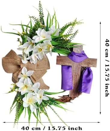 Easter Cross Wreath with Burlap Bow, Easter Door Wreath with Burlap Bow Swag Bowknot Rustic Farmhouse Spring Lily Wreath Easter Decorations for Hanging Door Decor (16IN Num.01) - Image 4