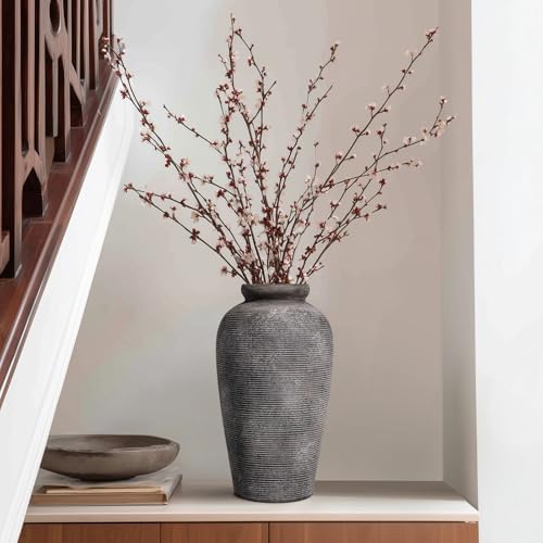 Large Rustic Terracotta Vase, 11 inch Tall Ceramic Flower Vase, Clay Farmhouse Decorative Vases for Flowers, Living Room, Shelf, Entryway, Home Decor, Grey - Image 2