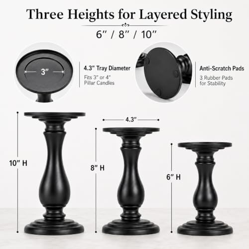 Matte Black Pillar Candle Holders Set of 3-10", 8", 6”H Candlestick Candle Holders Stand, Home Coffee Table Decor Decorations Centerpiece for Dining/Living Room - Image 2