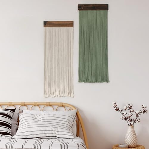 SCECALA Boho Green Macrame Wall Hanging - Set of 2, Handmade Bohemian Macrame Tapestry, Sage Green & White Yarn Decor for Living Room Bedroom, 30.7x11.8 inch - Image 3