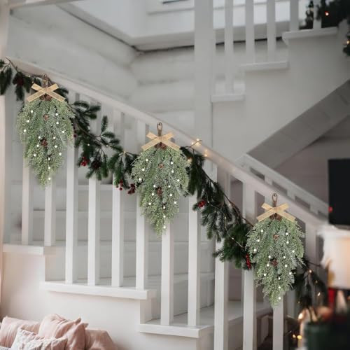 2 PCS 24" Christmas Swag Wreaths for Front Door Artificial Christmas Frosted Cedar Teardrop Swags Winter Wreath with Pine Cone for Kitchen Cabinet Farmhouse Home Window Wall Festival Decoration - Image 5