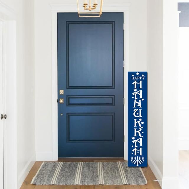 FemiaD Tall Outdoor Happy Hanukkah Sign for Front Door,Wooden Tall Welcome Sign For Front Porch,Farmhouse Happy Hanukkah Porch Sign Wood Vertical Decor for Jewish Chanukah Party Decor 8x48inch - Image 2