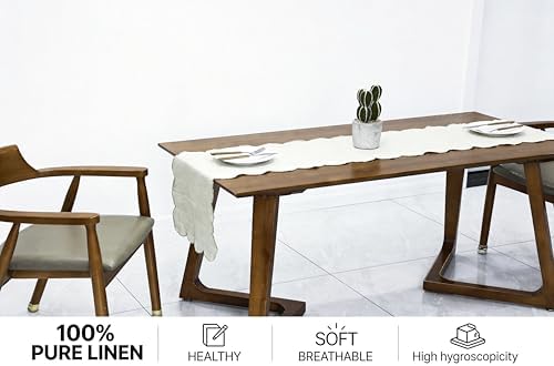 100% Natural Linen Rustic Scalloped Embroidery Table Runner 144 Inches Long, Linen Table Runner 14 x 144 Inch for Dresser and Dining Tables Decor, 12-14 Sets, 14''x144'' Linen(Edges-Gold) - Image 2
