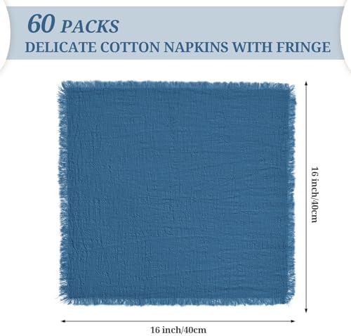 Pesonlook 60 Pcs Cyan Handmade Cotton Cloth Napkins with Fringe, 16x16 Inch - Image 2