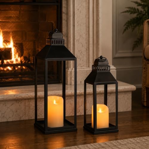 Decorative Lanterns Indoor Outdoor, 2Pcs 17" 13" Black Lantern with Candles - Image 6