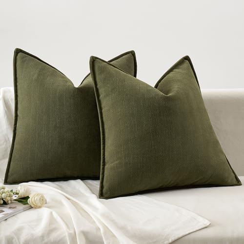 MIULEE Pack of 2 Olive Green Euro Shams Chenille Pillow Covers 22x22 Inch - Image 6