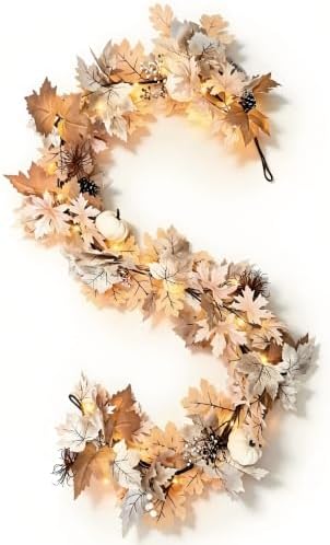 Fall Decor Garland with Lights, 6Ft, 30 Warm LED, White Pumpkins by BUFANYU