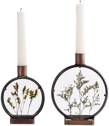NIKKY HOME Nature Dried Flower Taper Candle Holders Set of 2, Vintage Decorative Metal Candlesticks Round Frame with Glass Centerpieces Decor for Dining Room Table Wedding Party Mantle Fireplace by NIKKYHOME