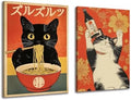 Framed Funny Black Cat Canvas Wall Art Set of 2, Vintage Japanese Cat Eating Ramen Poster, Unique Gifts and Cat Lover Printing Picture, for Living Room Kitchen Dining Room Wall Decor 16x24 inch by Unknown