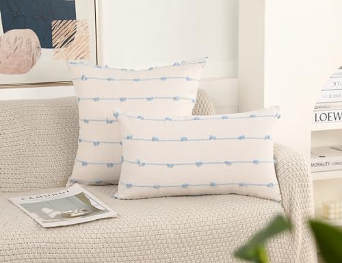 NUYECY Set of 2 Boho Throw Pillow Covers 28x28,Light Blue and White Neutral Couch Pillow Case with Tassel Fringe Decorative,Modern Accent Farmhouse Cushion Covers for Sofa Couch Bed Living Room - Image 2